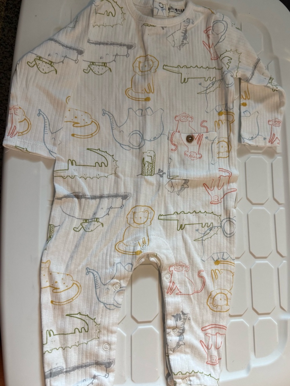 White Baby Footie with Multicolor Animal Print 6-9 months